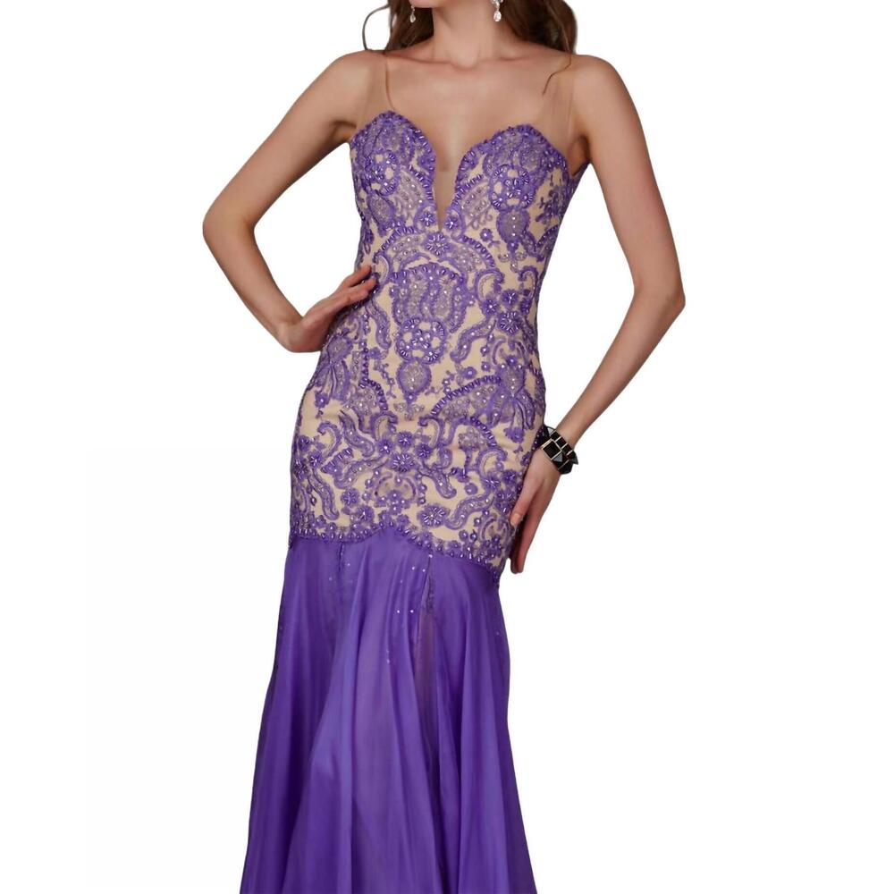 NEW ANGELA & ALISON beaded bodice prom dress in violet/nude